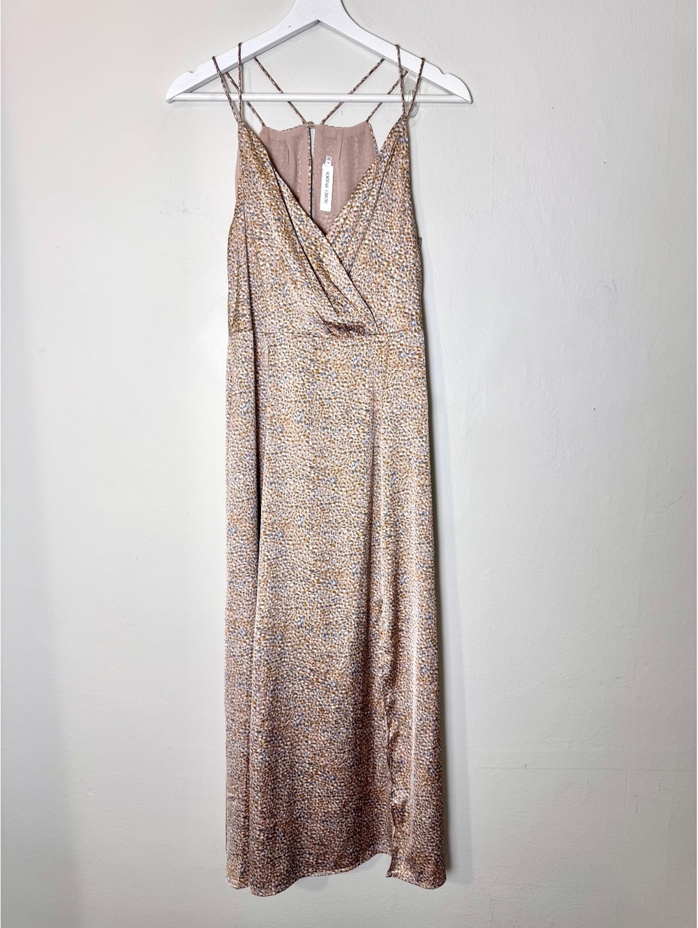 Tan strappy satin midi dress Floret Studios sleeveless size M